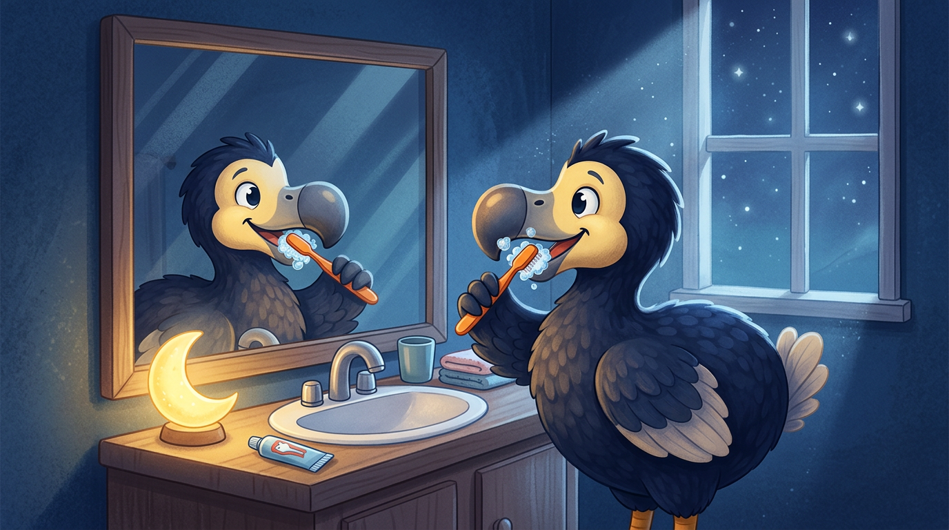 Le dodo DodoStories se brosse les dents devant un miroir au clair de lune