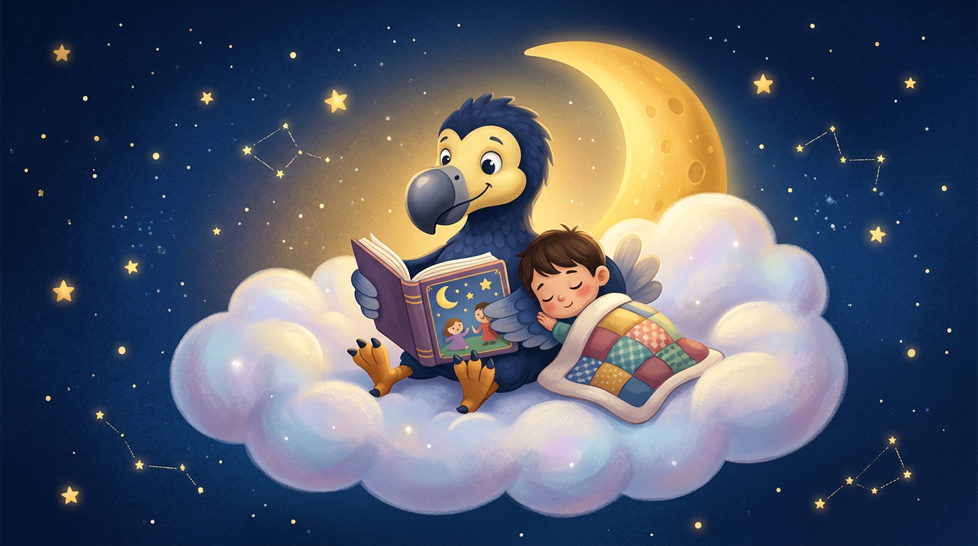 Le dodo DodoStories lit une histoire à un enfant qui s'endort sur un nuage