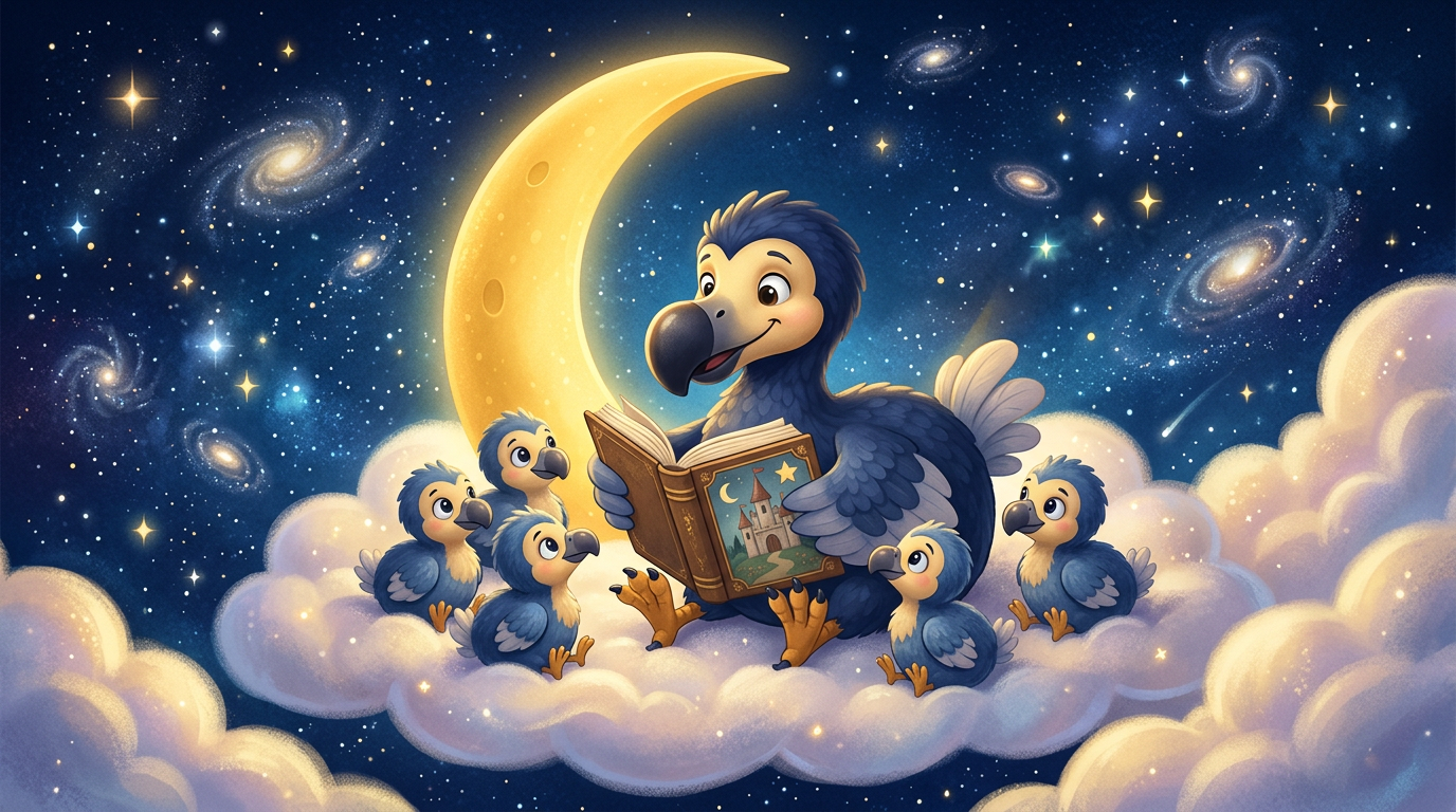 Le dodo DodoStories raconte une histoire à de petits bébés dodos sur un nuage